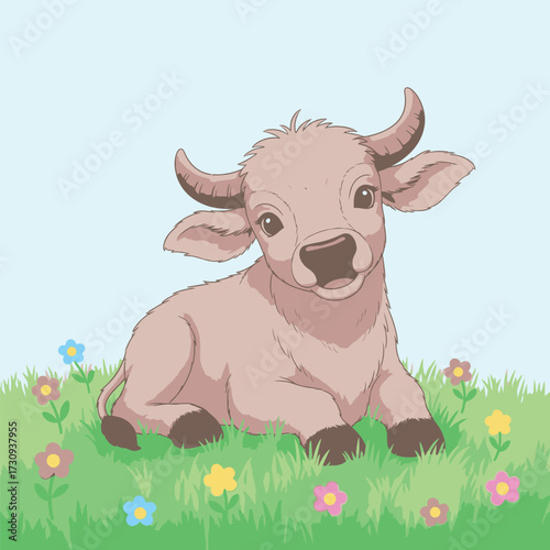 Adorable cartoon baby bull lying down in a field of colorful flowers isolated on white background