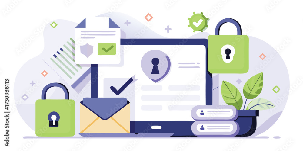 Fototapeta premium Data breach alert with broken lock and leaked documents illustration