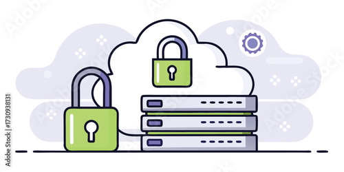 Cybersecurity padlock on cloud storage server vector illustration