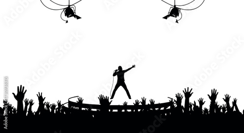 Concert crowd silhouette with performer on stage, helicopters filming live music event, energetic audience, black and white vector illustration