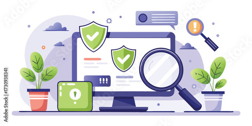 Cybersecurity vulnerability scanning with magnifying glass and system alert