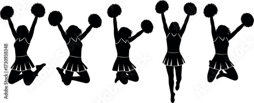 Cheerleader silhouettes with pom-poms in energetic poses, performing dance routines, expressing team spirit and celebration on white background vector illustration
