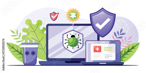 Malware detection concept with antivirus blocking computer virus