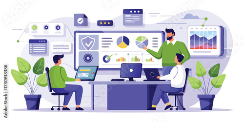 Cybersecurity monitoring center with IT analysts and dashboard
