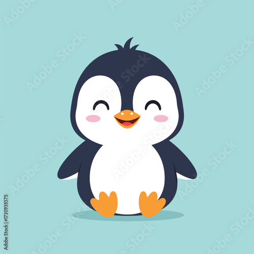 Adorable cartoon penguin with rosy cheeks and happy expression isolated on white background