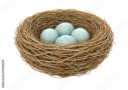 Bird nest with speckled eggs PNG isolated on transparent background, springtime symbol of new life and Easter decoration