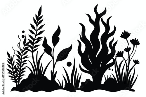 Silhouette Illustration of Aquatic Plants and Flowers in a Lush Underwater Scene