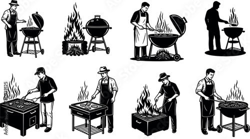 Outdoor Grilling People Vector Set with Barbecue Equipment, Cooking Flames, Chef Poses, Aprons, Charcoal Grills, Picnic, Summer Food Scene