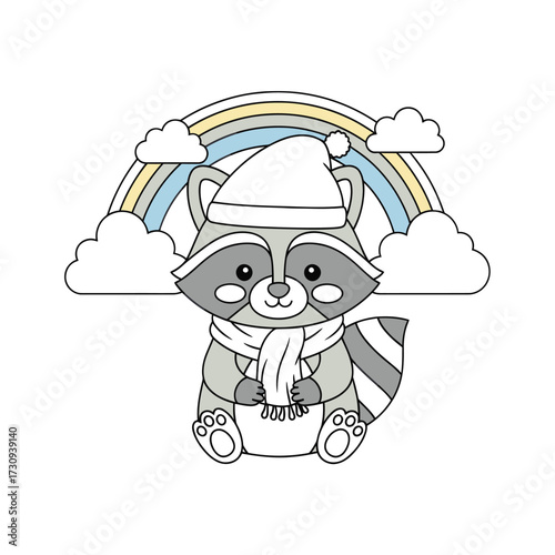 Cute cartoon raccoon wearing a winter hat and scarf with a rainbow and clouds isolated on white background