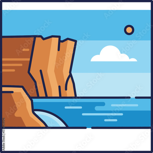Illustration of cliffs and water under a blue sky with a cloud.