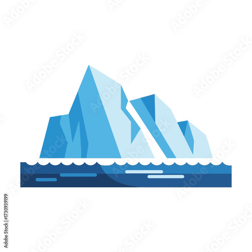 Iceberg floating in water with blue tones and triangular shapes illustration.