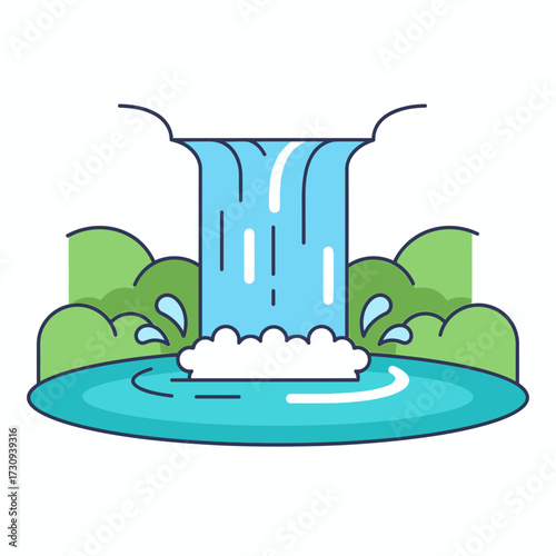 Illustration of a waterfall flowing into a pond surrounded by green bushes.