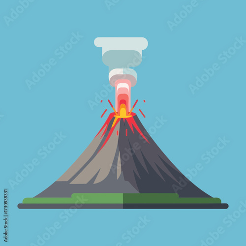 Volcano erupting with smoke and lava against a blue background illustration.