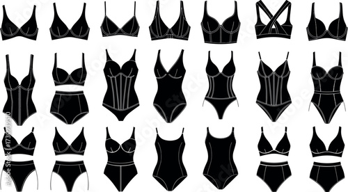 Set of 20 black lingerie and shapewear silhouettes for women’s fashion, underwear design, intimate apparel, and retail illustration.