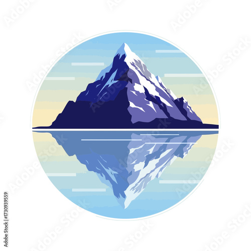 Mountain peak reflected in water with a circular background and horizontal lines.