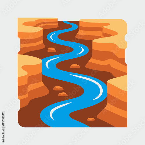 Winding blue river flows through a canyon with orange rock formations.