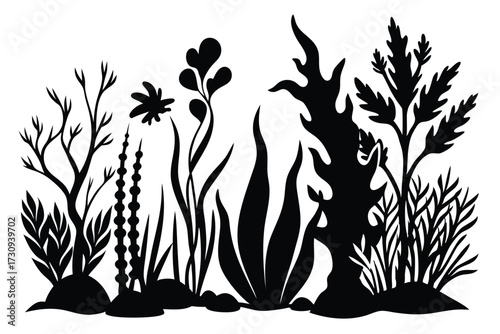 Silhouette of Diverse Aquatic Plants and Grasses Creates a Peaceful Underwater Garden Scene