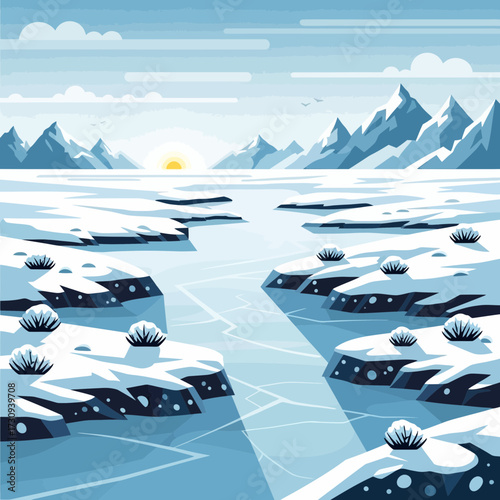 Frozen landscape with ice floes and mountains against a light blue sky.