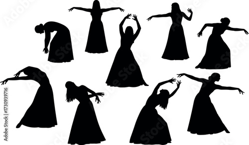 Silhouette dancers in flowing dresses performing expressive contemporary movements, elegant female poses, artistic choreography, graceful motion, vector illustration