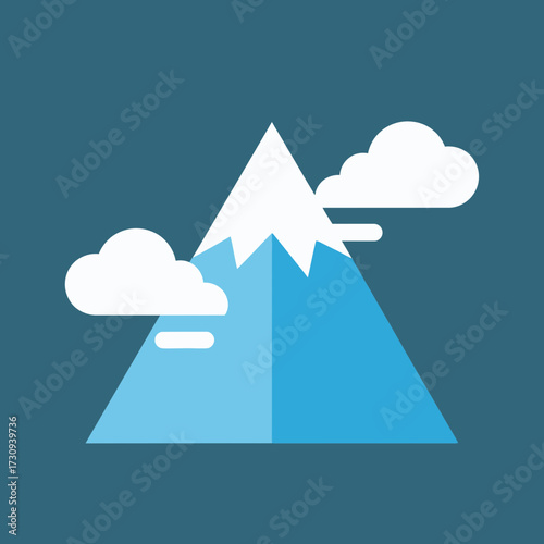 A stylized mountain with snow on top and clouds against a blue background.