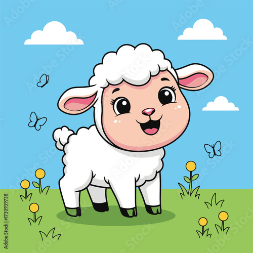 Adorable cartoon baby sheep with fluffy wool and happy expression isolated on white background