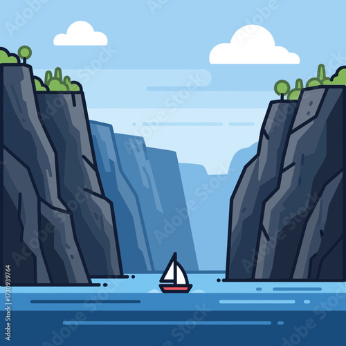 Cartoon sailboat sails on blue water between rocky cliffs under a cloudy sky.