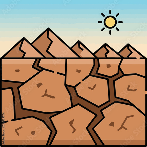 Cracked dry earth landscape with mountains and sun against a blue sky.