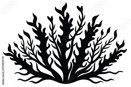 Silhouette of stylized plant with leaves and branches spreading upwards in black and white