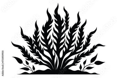 Detailed Silhouette of Seaweed Bush with Leaves Decorative Marine Botanical Graphic Element
