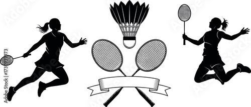 Silhouette female badminton players with rackets and shuttlecock in action pose, sports emblem design with blank ribbon banner