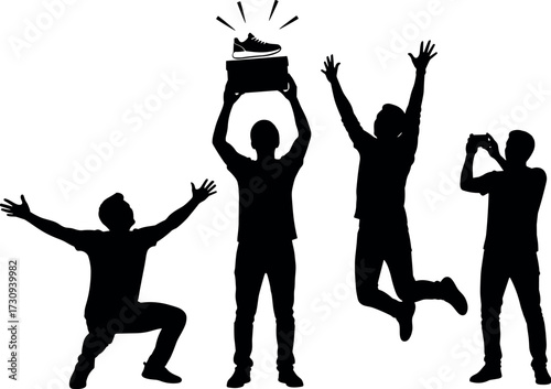 Silhouette group celebrating new shoes with excitement, joy, and energy — shoebox held high, crowd cheering, jumping, and capturing moment.