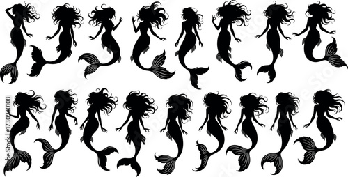 Mermaid silhouette collection featuring diverse poses, tail shapes, hairstyles, and elegant underwater gestures for fantasy, mythology, and design themes.