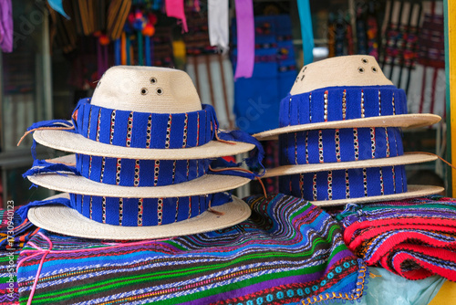 Todos Santos Cuchumatan, Guatemala - July 12, 2025: Traditional hats at the Central Market in Todos Santos Cuchumatan, Guatemala.