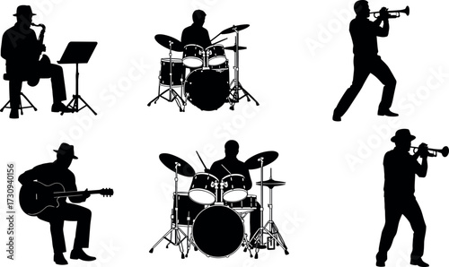 Silhouette musicians playing instruments in concert performance scene with saxophone, trumpet, drums, guitar, trombone—ideal for music-themed vector content.