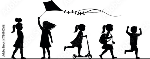 Silhouette of Active Children Playing, Walking, Running, Scootering, and Flying Kite Outdoors – Youth Lifestyle and Movement Vector Illustration