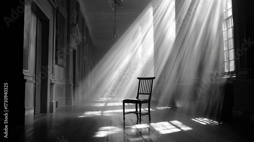 Dramatic Monochrome Hallway with Sunlight Rays and Antique Chair.