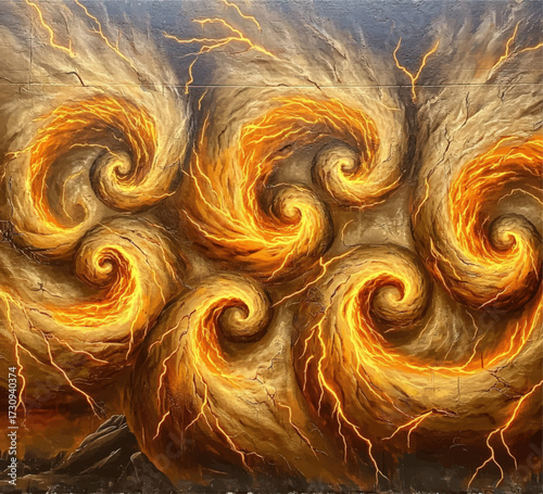 Fiery Swirling Storms with Lightning Bolts – Dramatic Abstract Energy Vortexes, Intense Orange and Gold Fantasy Background