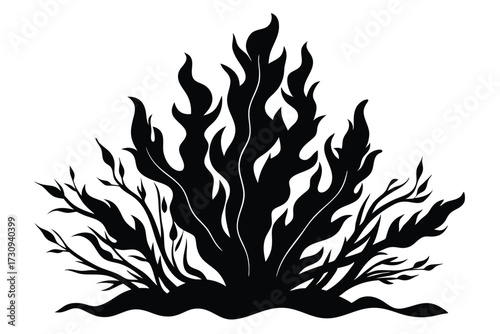Dense Silhouette of Bush with Leaves and Stems in Ornamental Design for Decoration