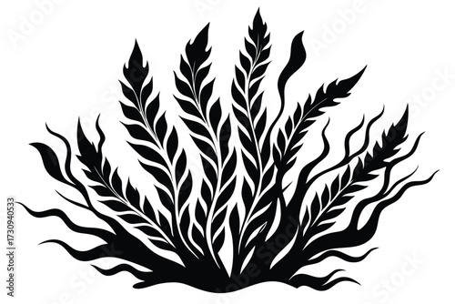 Graphic Bush Silhouette Black Leaves, Branches, and Abstract Ground Shape Illustration