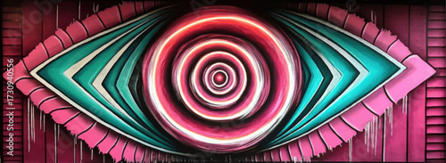 Vibrant Abstract Eye Mural with Hypnotic Spiral, Pink and Teal Urban Street Art, Surreal Geometric Wall Design