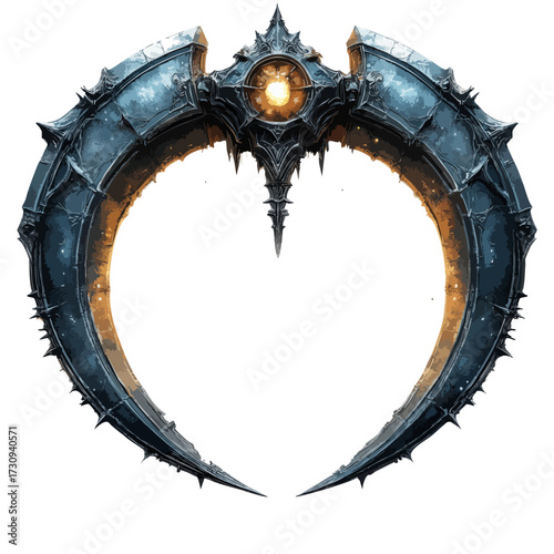 Dark Fantasy Metallic Heart Emblem with Glowing Center, Spiked Gothic Crest, Transparent Background, Futuristic Design