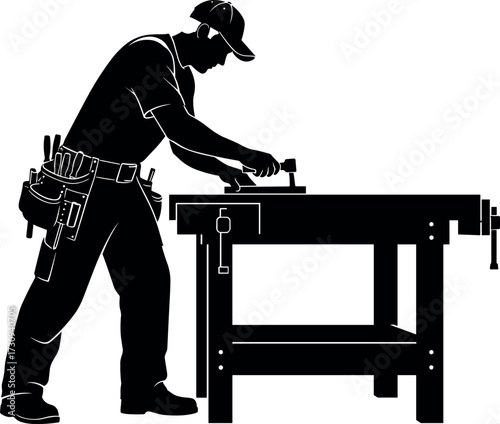 Silhouette of skilled carpenter working at woodworking bench with hand tools, tool belt, vise, and storage shelf in workshop