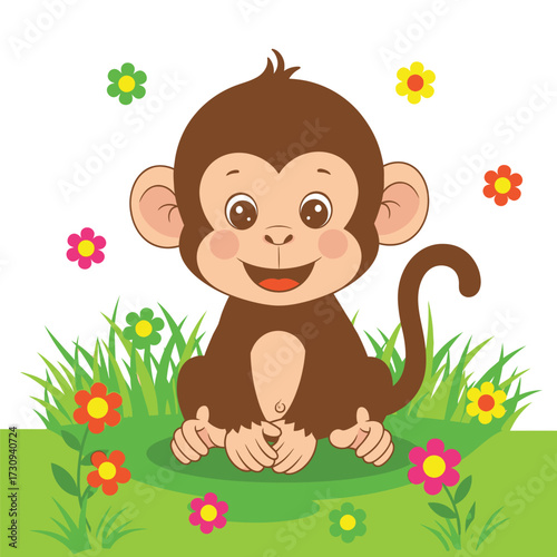 Cute cartoon baby monkey sitting in green grass with colorful flowers isolated on white background