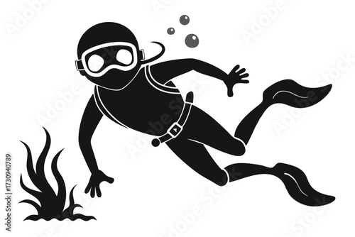 Silhouette Diver Swimming Near Seaweed With Bubbles Rising, Wearing Mask and Fins