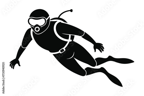 Black Silhouette of Diver with Flippers, Mask, and Oxygen Tank for Scuba Diving
