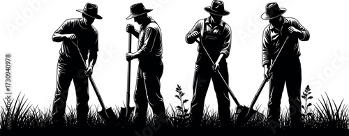 Silhouette of workers digging soil with shovels in rural field, teamwork in agriculture, manual labor, farming scene, countryside effort