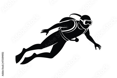 Silhouette of Scuba Diver Swimming Underwater With Goggles and Oxygen Tank Equipment