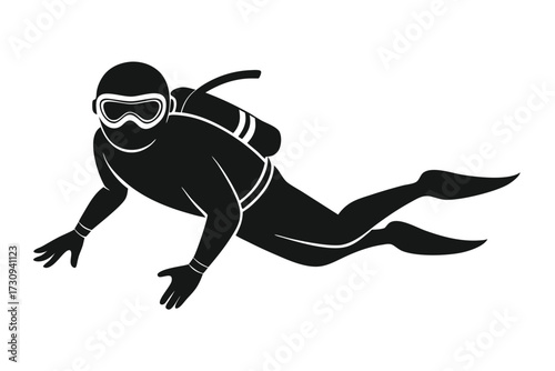 Black Silhouette of a Scuba Diver with Tank, Fins and Mask Swimming Freely