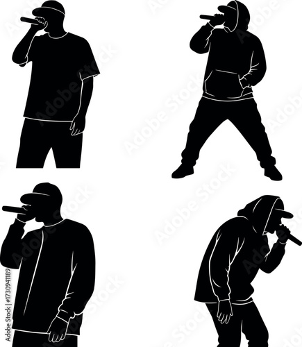 Silhouette vector of hip hop singers and rappers performing with microphones in energetic poses, ideal for music and urban culture themes