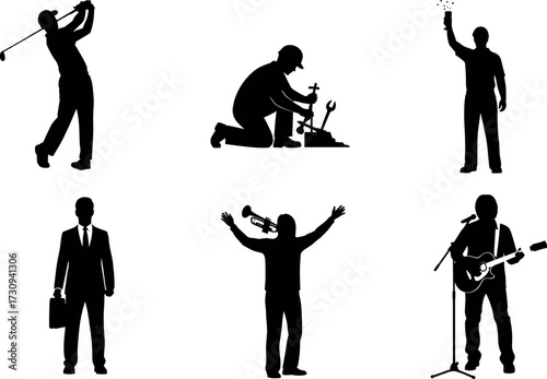 Silhouette vector set of people performing music, business, sports, celebration, repair, and lifestyle activities for commercial design use